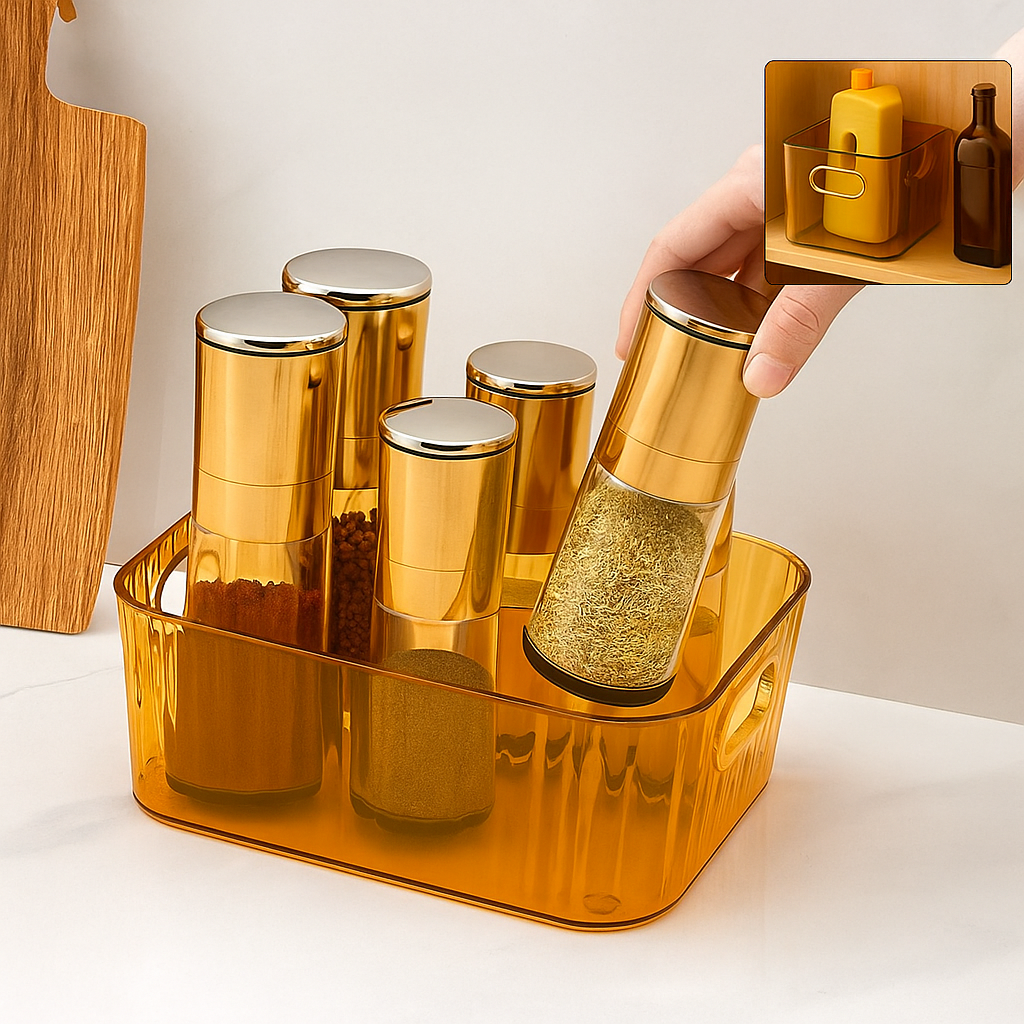 Fionera Storage Drawer Organizer | Premium Ribbed Basket With Golden Handle | Multipurpose |For Home Kitchen  Bathroom Office (4 Pieces) (Golden)