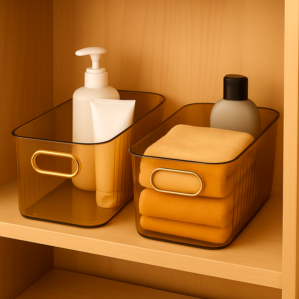 Fionera Storage Drawer Organizer | Premium Ribbed Basket With Golden Handle | Multipurpose |For Home Kitchen  Bathroom Office (4 Pieces) (Golden)