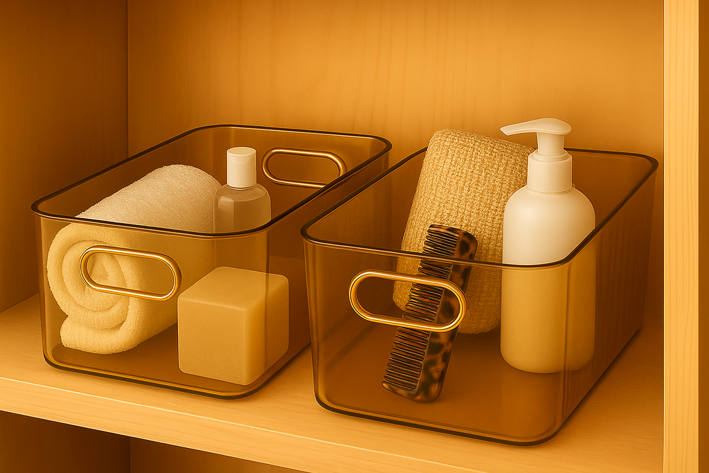 Fionera Storage Drawer Organizer | Premium Ribbed Basket With Golden Handle | Multipurpose |For Home Kitchen  Bathroom Office (4 Pieces) (Golden)