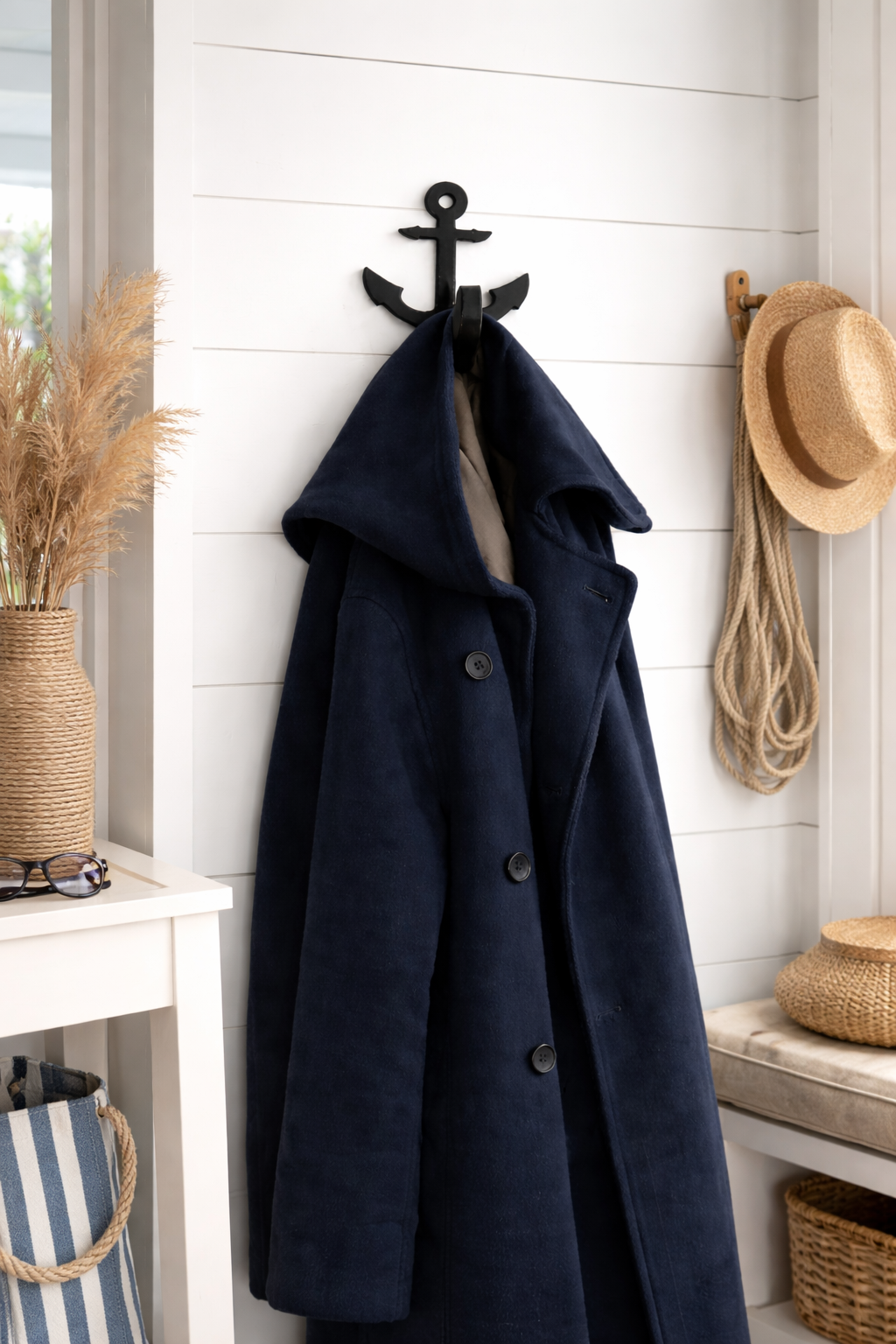 FIONERA Self Adhesive Wall Hook Anchor Shape Black | Heavy Duty Waterproof No-Drill Hook for Bathroom, Kitchen, Towel & Keys (Set of 4)