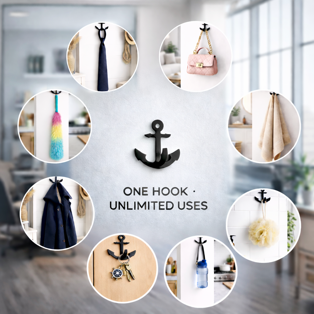 FIONERA Self Adhesive Wall Hook Anchor Shape Black | Heavy Duty Waterproof No-Drill Hook for Bathroom, Kitchen, Towel & Keys (Set of 4)