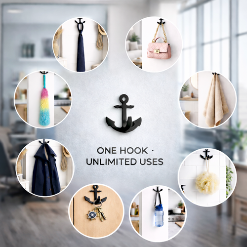 FIONERA Self Adhesive Wall Hook Anchor Shape Black | Heavy Duty Waterproof No-Drill Hook for Bathroom, Kitchen, Towel & Keys (Set of 4)