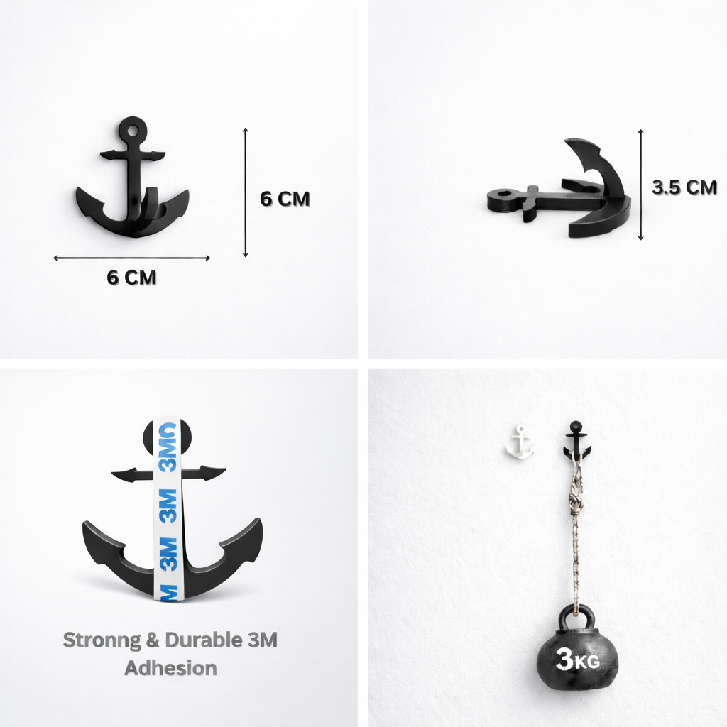 FIONERA Self Adhesive Wall Hook Anchor Shape Black | Heavy Duty Waterproof No-Drill Hook for Bathroom, Kitchen, Towel & Keys (Set of 4)