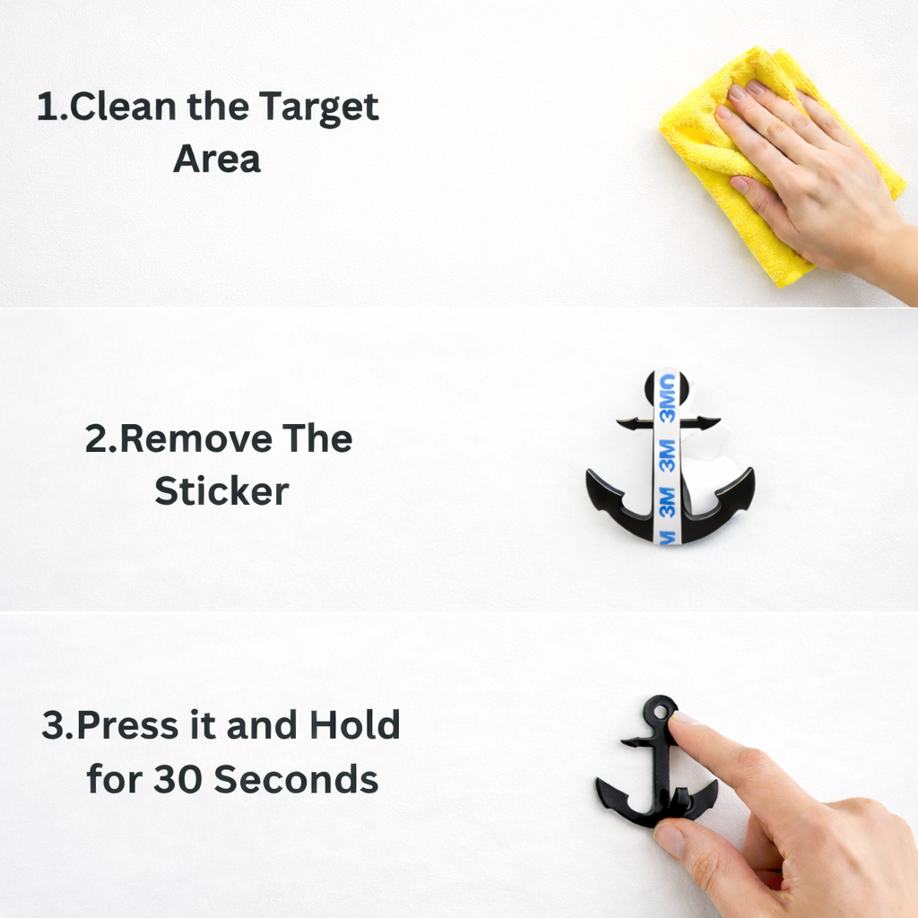 FIONERA Self Adhesive Wall Hook Anchor Shape Black | Heavy Duty Waterproof No-Drill Hook for Bathroom, Kitchen, Towel & Keys (Set of 4)