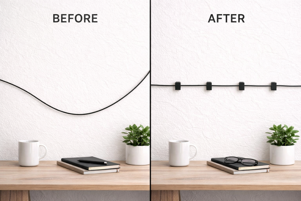 Cable Management Clips with 3M Self Adhesive – Black, 50 Pcs (20cm & 45cm) | Strong Wire Organizer for Desk, Wall, TV, Home & Office