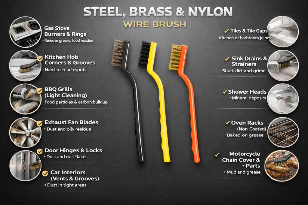 Cleaning Brush Set for Kitchen & Home | Steel Wire Brush + Long Gap Crevice Cleaning Brush + Soap Dispenser Scrub Brush | Heavy Duty Rust, Grease, Stove, Sink, Utensils & Surface Cleaning Tool Kit