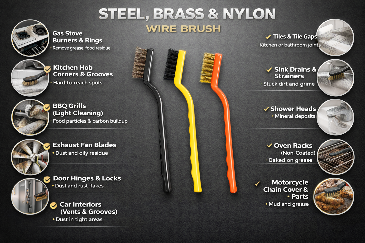 Cleaning Brush Set for Kitchen & Home | Steel Wire Brush + Long Gap Crevice Cleaning Brush + Soap Dispenser Scrub Brush | Heavy Duty Rust, Grease, Stove, Sink, Utensils & Surface Cleaning Tool Kit