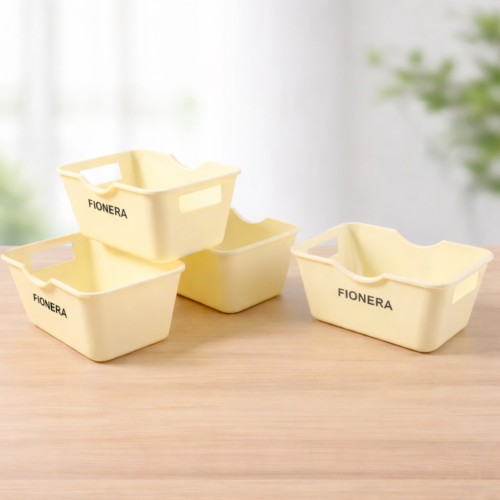 Plastic Storage Basket for Home & Kitchen | Rectangular Multipurpose Storage Organizer with Side Handles | Durable Stackable Storage Box for Wardrobe, Bathroom & Bedroom (Pack of 4)