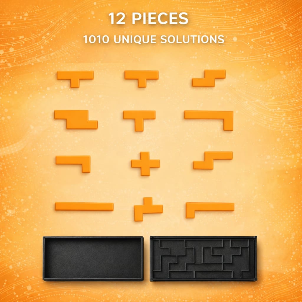 Brain Teaser Puzzle for Adults & Teens – 12 Piece Rectangular Logic Game – Plastic Shape-Fitting Pocket Puzzle for Stress Relief & Focus for Home & Travel