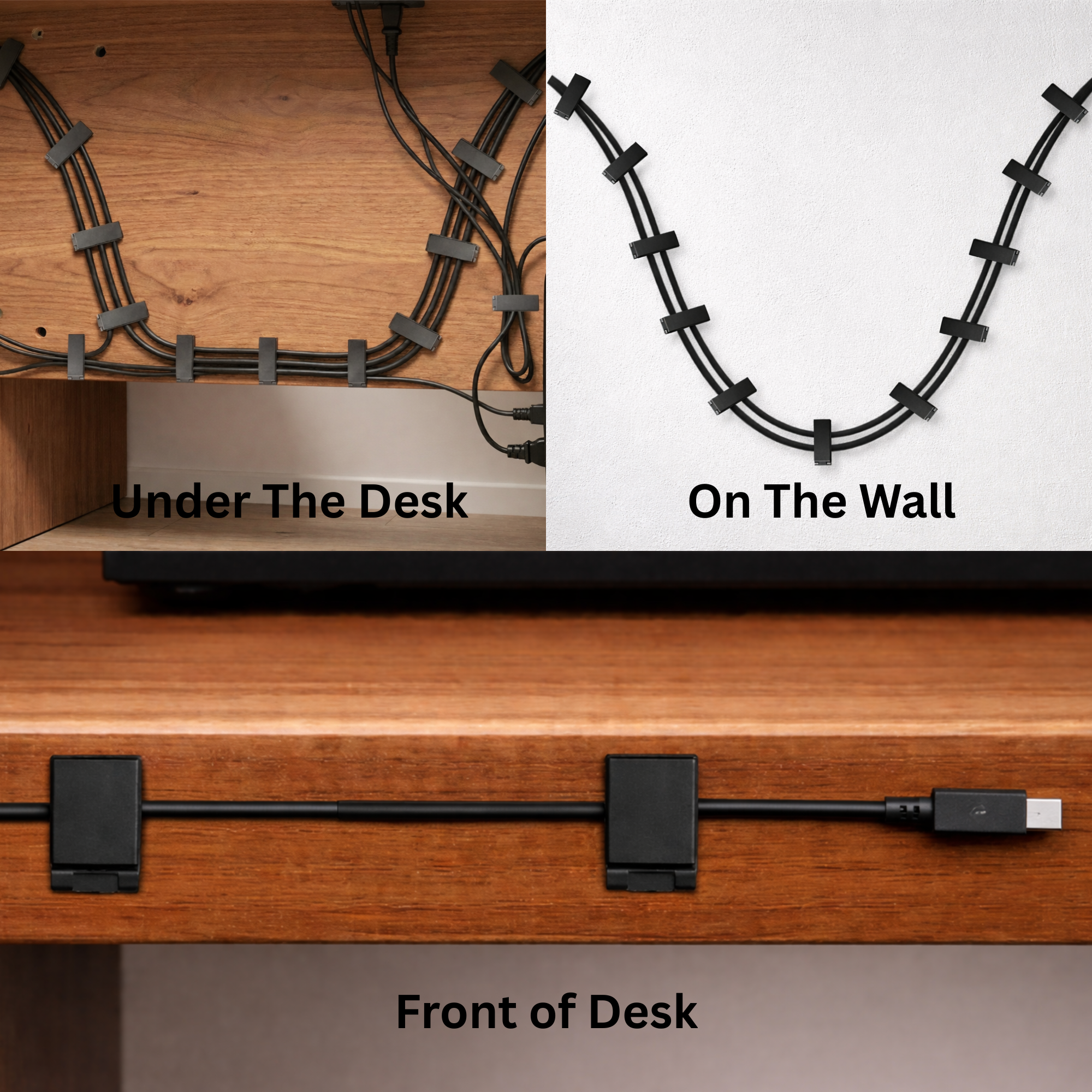 Cable Management Clips with 3M Self Adhesive – Black, 50 Pcs (20cm & 45cm) | Strong Wire Organizer for Desk, Wall, TV, Home & Office