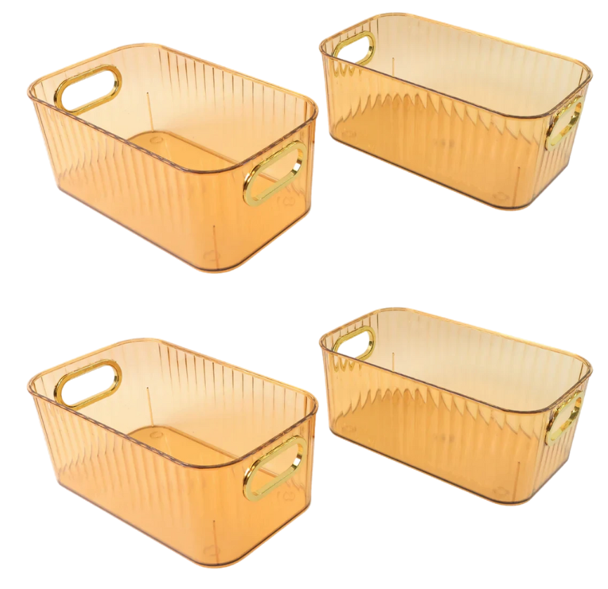 Fionera Storage Drawer Organizer | Premium Ribbed Basket With Golden Handle | Multipurpose |For Home Kitchen  Bathroom Office (4 Pieces) (Golden)