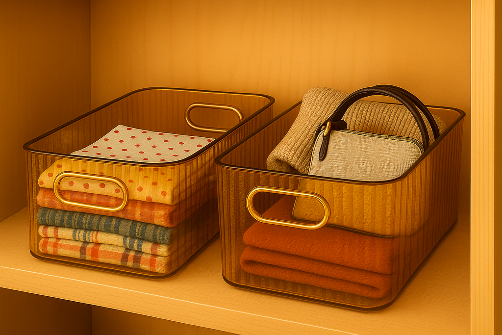 Fionera Storage Drawer Organizer | Premium Ribbed Basket With Golden Handle | Multipurpose |For Home Kitchen  Bathroom Office (4 Pieces) (Golden)