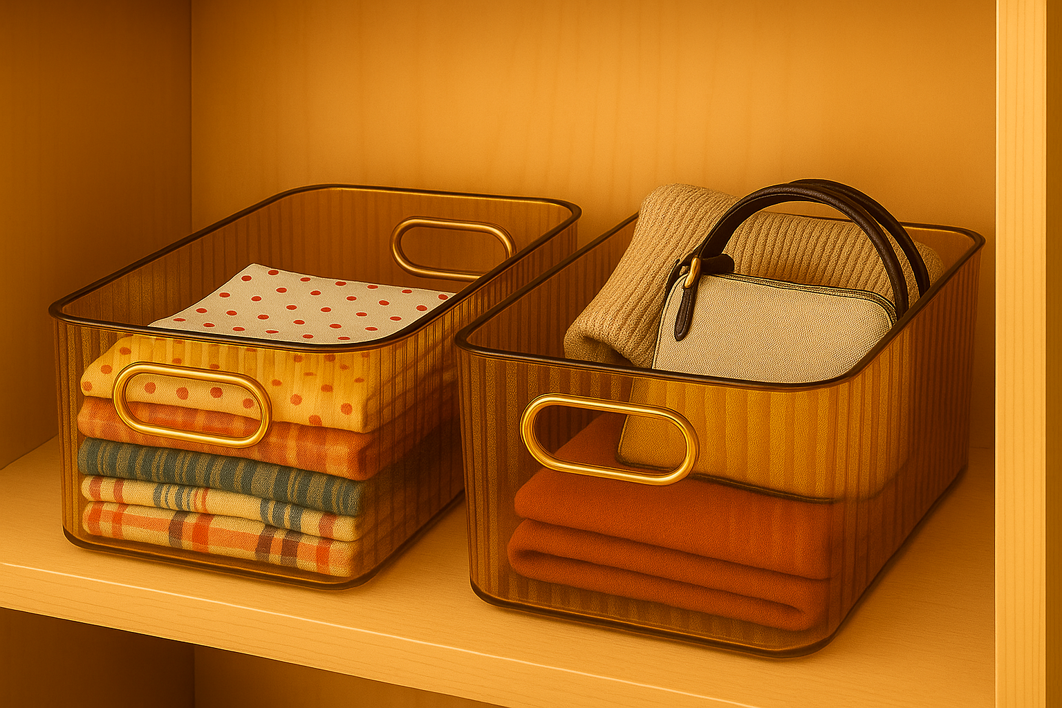 Fionera Storage Drawer Organizer | Premium Ribbed Basket With Golden Handle | Multipurpose |For Home Kitchen  Bathroom Office (4 Pieces) (Golden)